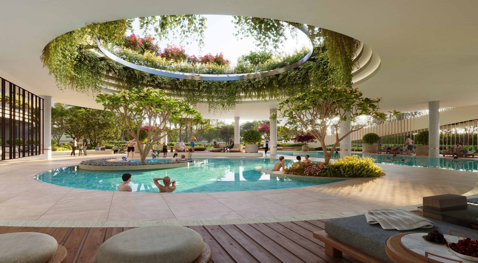 Elaira Residences garden lounge and pool