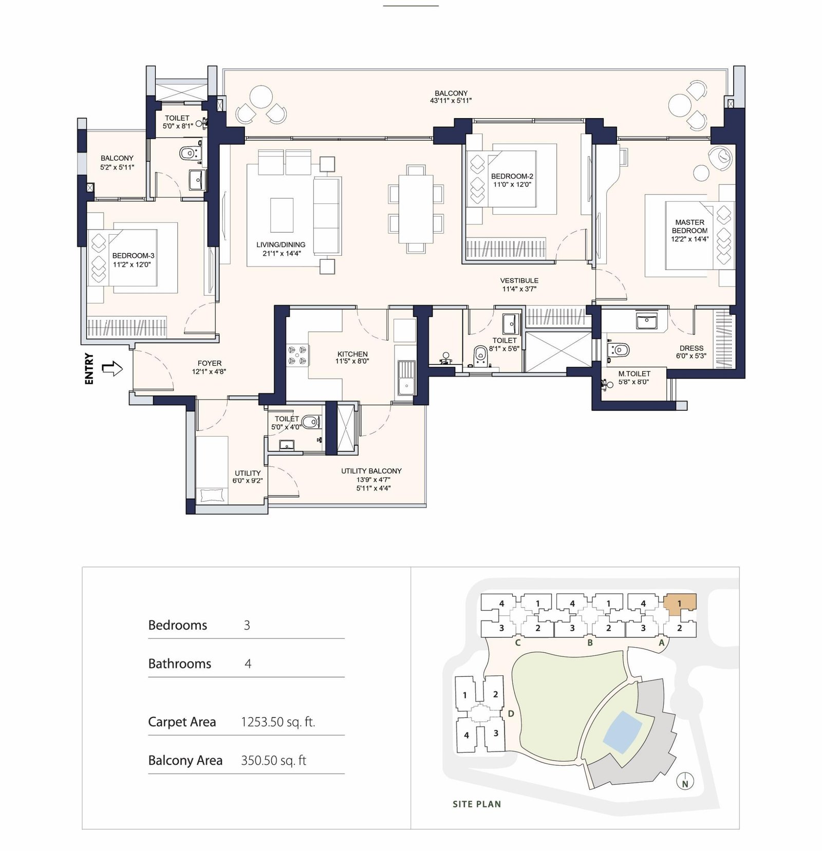 Conscient PARQ 3 BHK + UT Type A floor plan