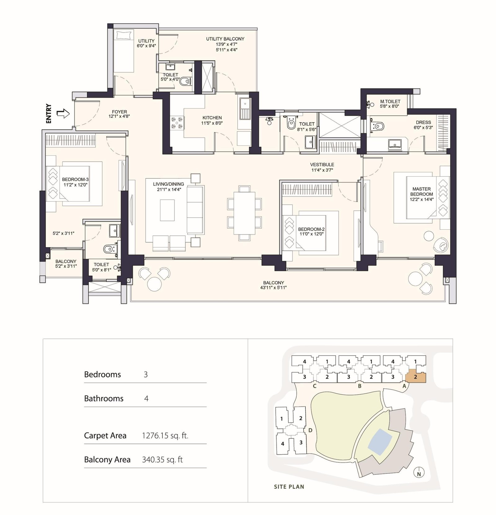 Conscient PARQ 3 BHK + UT Type B floor plan