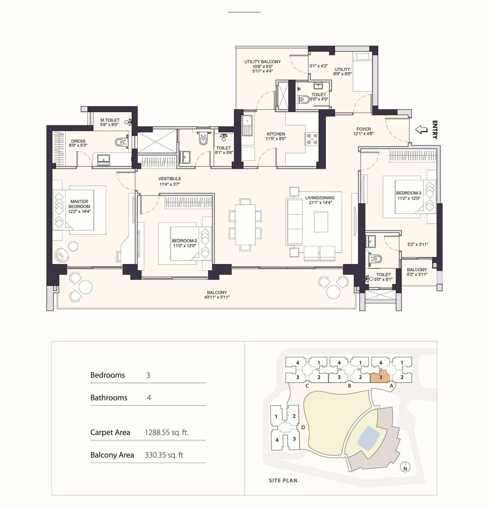 Conscient PARQ 3 BHK + UT Type C floor plan