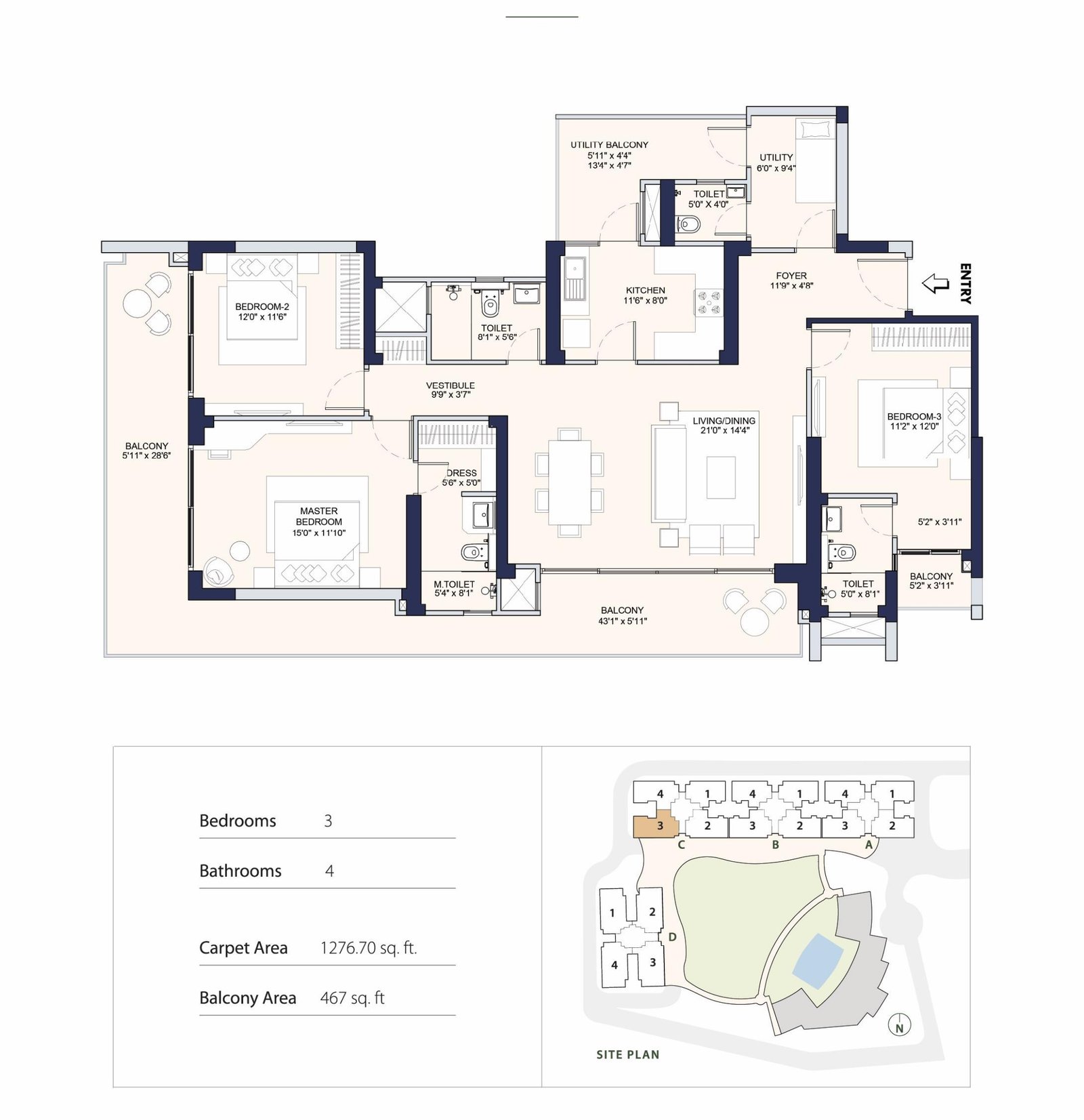 Conscient PARQ 3 BHK + UT Type D floor plan