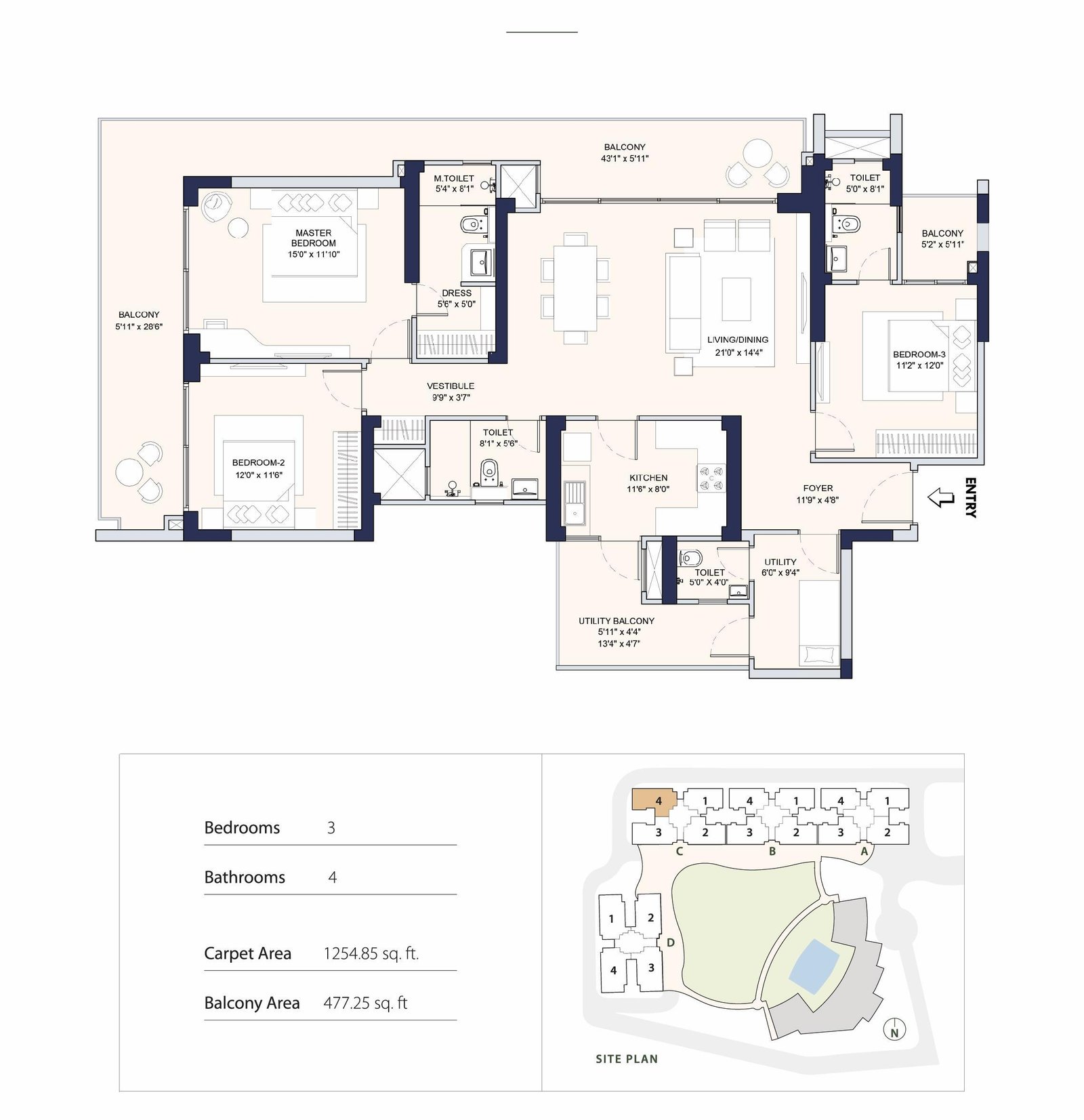 Conscient PARQ 3 BHK + UT Type E floor plan