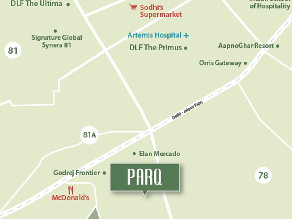 Conscient PARQ location advantages — map showing Sector 80 Gurugram near IMT Manesar, Karma Lakelands, ITC Grand Bharat, Golf Course Road and Dwarka Expressway